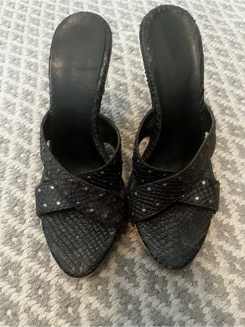 Black Studded Wedge Sandals with Wood Bottom Platforms